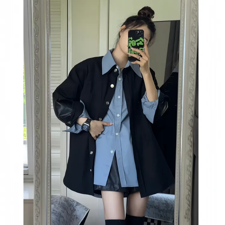 雾霾蓝休闲衬衫+拼接洗水牛仔外套女宽松慵懒风叠穿春秋时尚套装