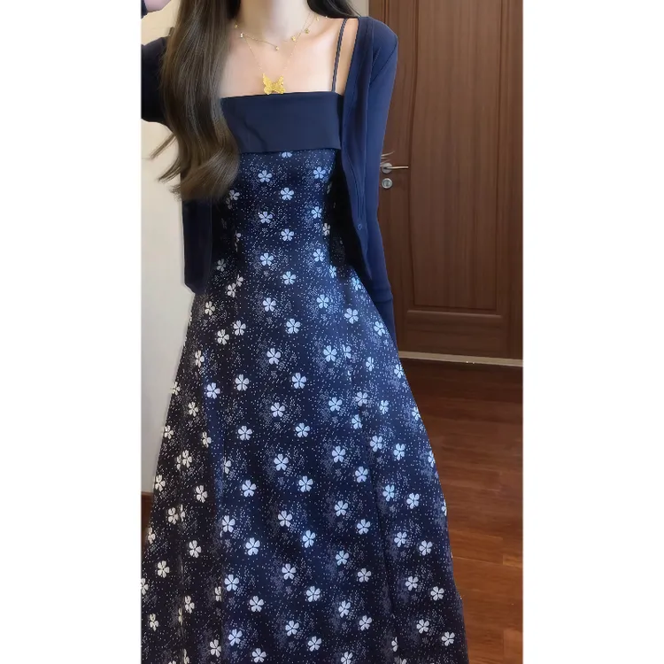 【花城秘境】法式优雅浪漫藏蓝色碎花吊带连衣裙&针织衫外披9733