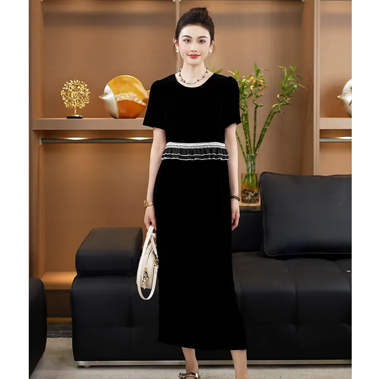 双层拼接收腰设计真丝丝绒圆领夏季显瘦中长款连衣裙