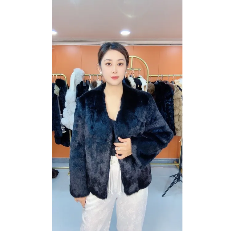 【云姐潮品】兔毛皮轻奢爆款简约V领女外套款上衣时尚百搭草草外套