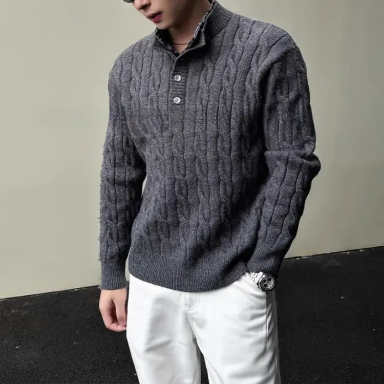 轻奢老钱风「绞花编织假两件」冬季重磅套头亨利领毛衣慵懒针织衫男