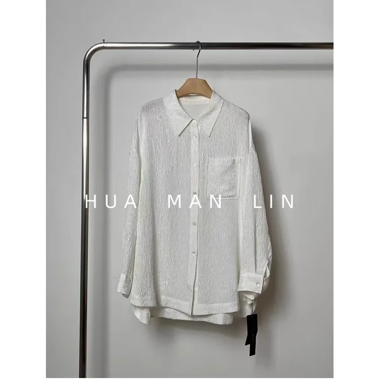 【花滿林】新款简约时尚百搭冠乐绉桑蚕丝阔版翻领大衬衫3579