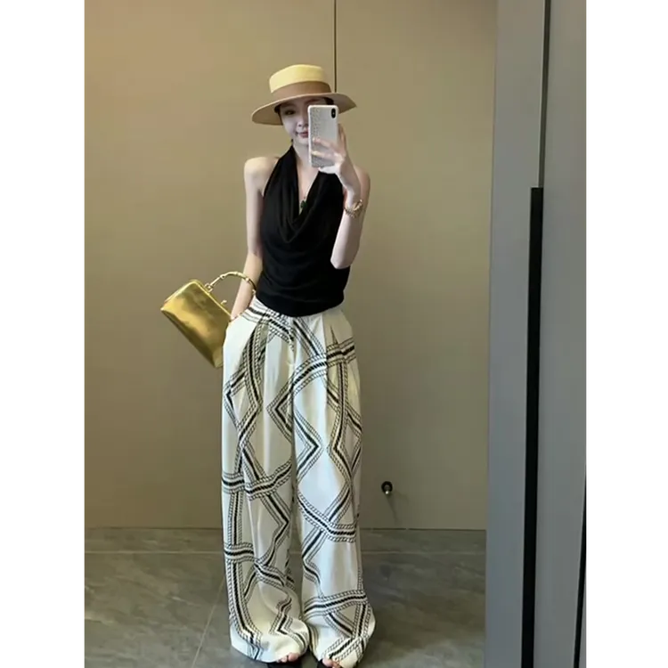 法式复古图案印花阔腿裤女夏季新款洋气百搭宽松显瘦拖地长裤