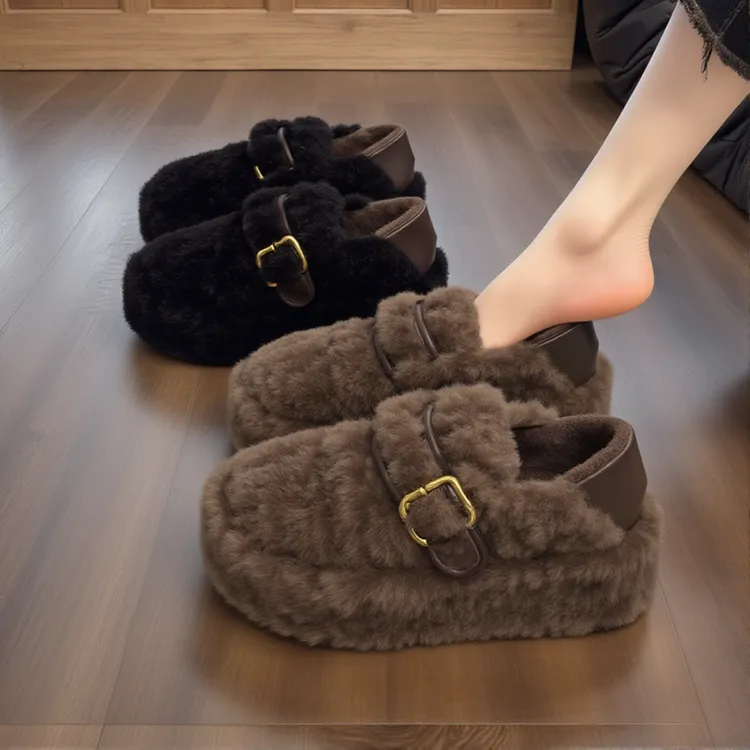 羊羔绒豹纹毛毛鞋女2025新款冬季复古厚底加绒保暖一脚蹬孕妇棉鞋