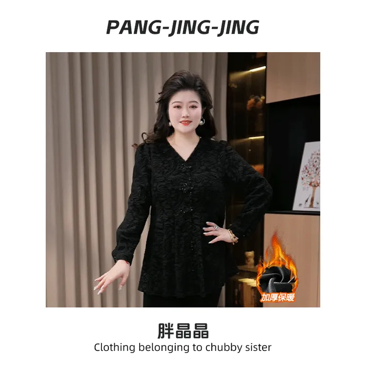 胖晶晶大码女装秋冬新款新中式优雅气质显瘦加绒保暖上衣25A0392