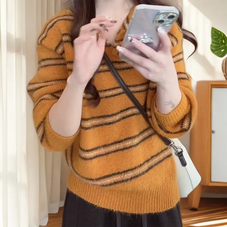 秋冬新款复古慵懒风氛围感宽松针织衫软糯舒适显白条纹毛衣C6381
