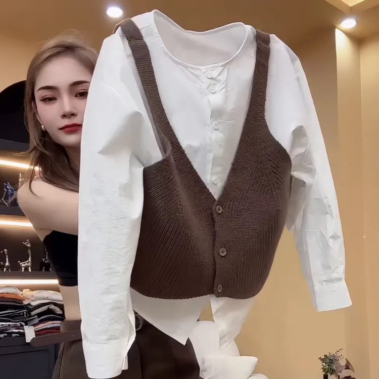 秋季搭配一整套女装2025新款韩版百搭圆领衬衫针织马甲背心两件套