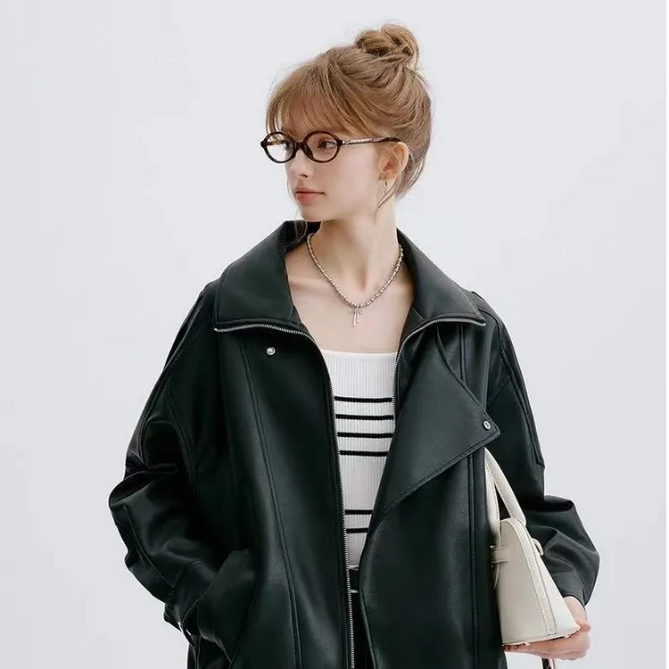 秋款新款修身型显瘦秋女生蛋白皮女装短款百搭宽松秋冬皮衣9277