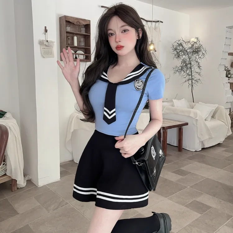 夏季海军领上衣短袖女T恤修身jk水手服制服学院风纯欲技师工作服