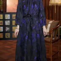紫色极光七分袖立领长袖套头秋季连衣裙气质提花中式时尚x
