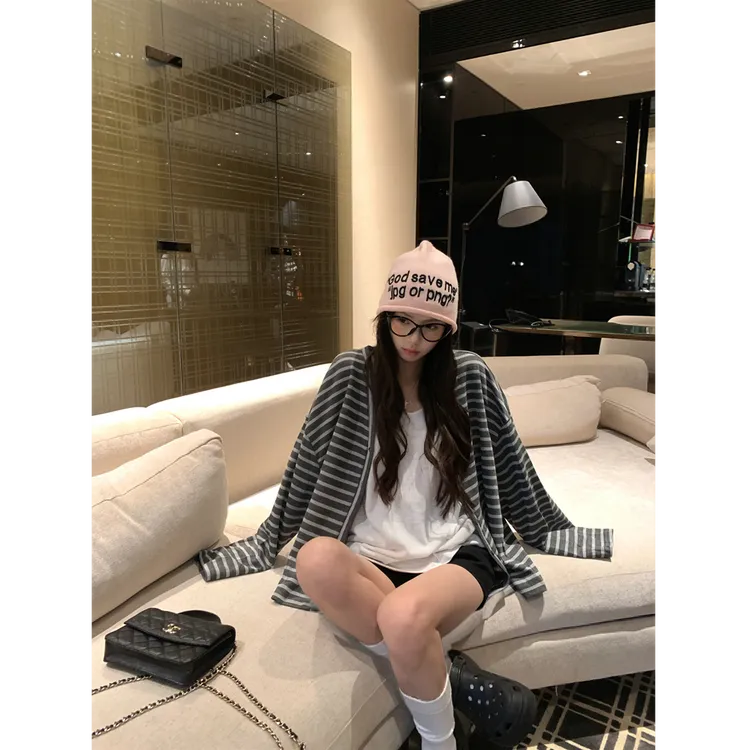 休闲慵懒风简约百搭条纹v领开衫外套女长袖韩系休闲上衣