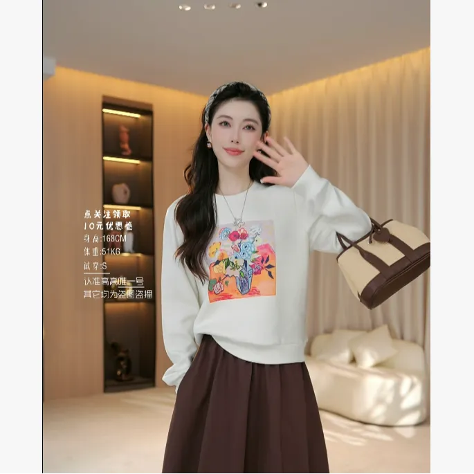 【几何花韵】秋款上新显瘦时尚洋气花朵图案长袖针织毛衣上衣36367