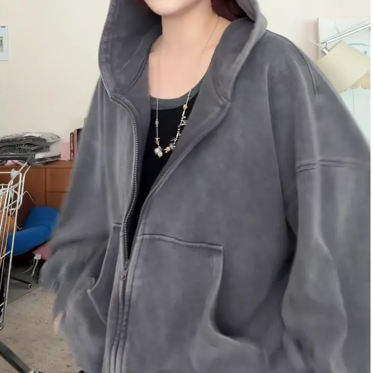 晶【机能girl】复古水洗连帽卫衣外套+全松紧高腰抽绳阔腿裤