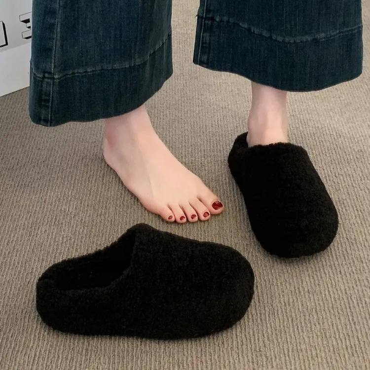 厚底毛毛半拖鞋女外穿2025新款秋冬季一脚蹬雪地靴加绒包头棉拖鞋