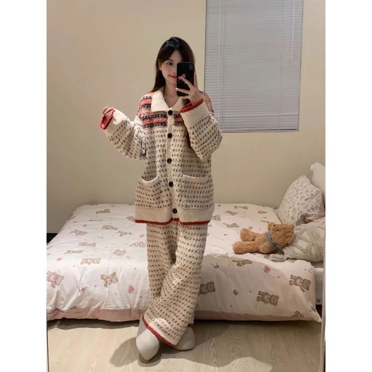 复古费尔岛开衫半边绒睡衣套装女秋冬新款加厚保暖家居服女两件套