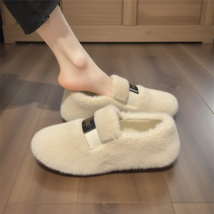 【兔毛绒】毛毛鞋女秋冬外穿2025新款金属扣一脚蹬豆豆鞋软底棉鞋