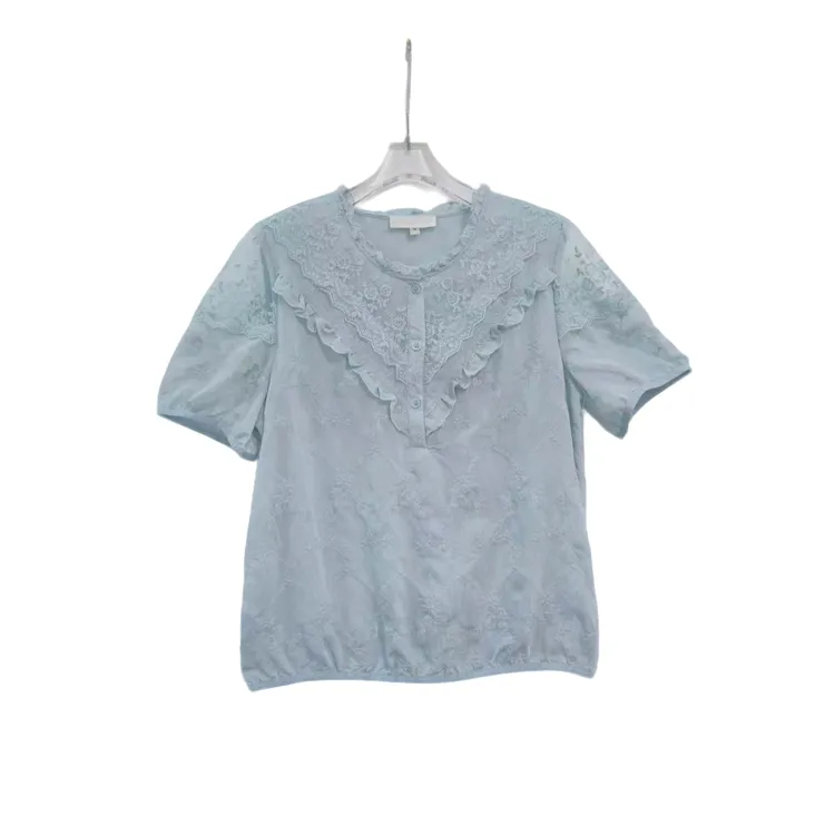 桐然精选955#夏季新款时尚百搭显瘦花边圆领蕾丝镂空短袖上衣