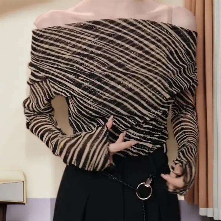 设计感斑马纹长袖T恤女2025秋季新款打底衫上衣C6058