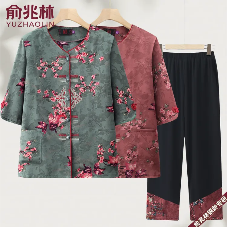 中老年女装夏季薄款套装大码妈妈装老人衣服奶奶装夏装绣花两件套