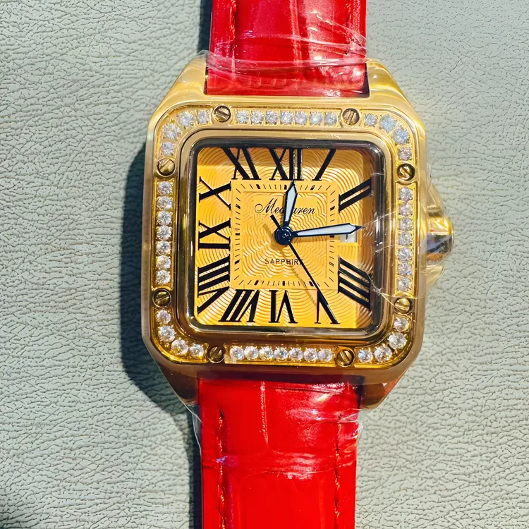 女士黄金腕表方形石英机芯镶钻防水黄金气质轻奢100%黄金手表