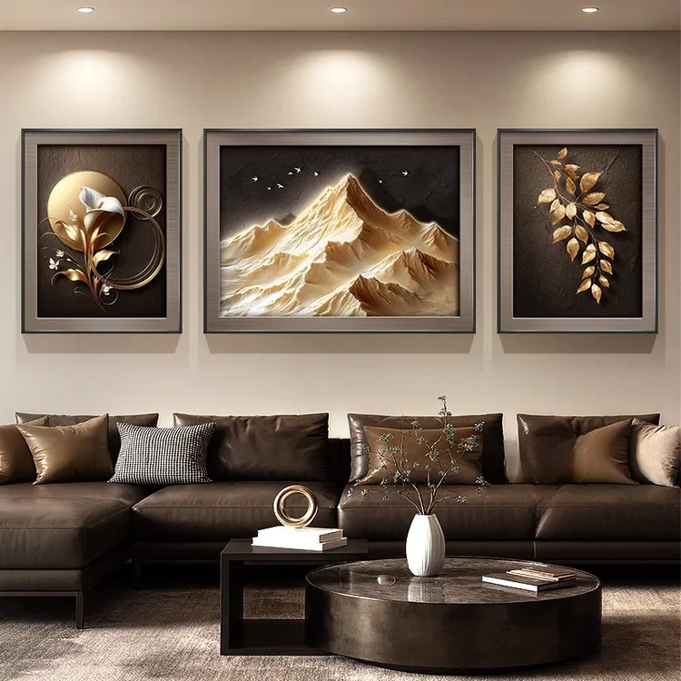 背有靠山客厅装饰画轻奢高级感沙发背景墙挂画浮雕立体感三联壁画