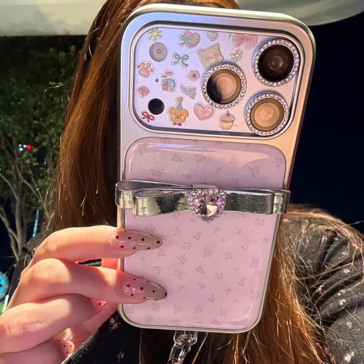 唯美电镀粉底碎花银蝴蝶结适用iPhone17promax手机壳苹果16pro新