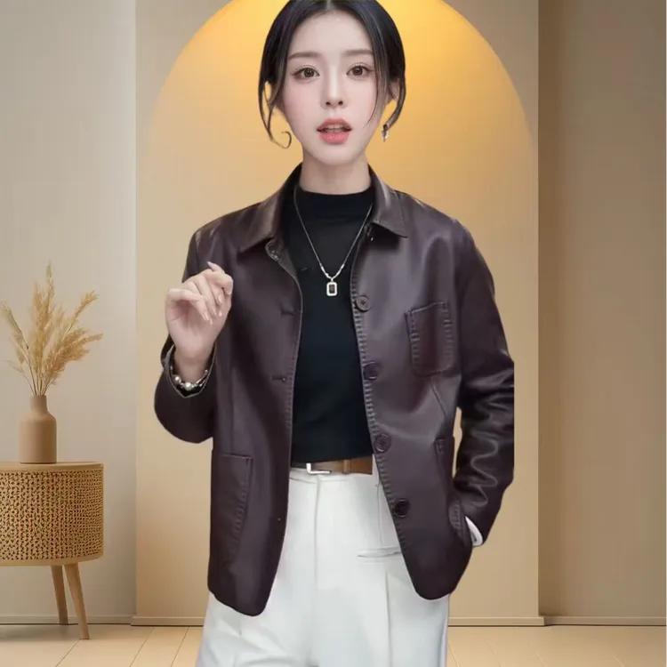 【单里衬】海宁正品2025春秋新款时尚休闲翻领气质皮衣外套女JH06