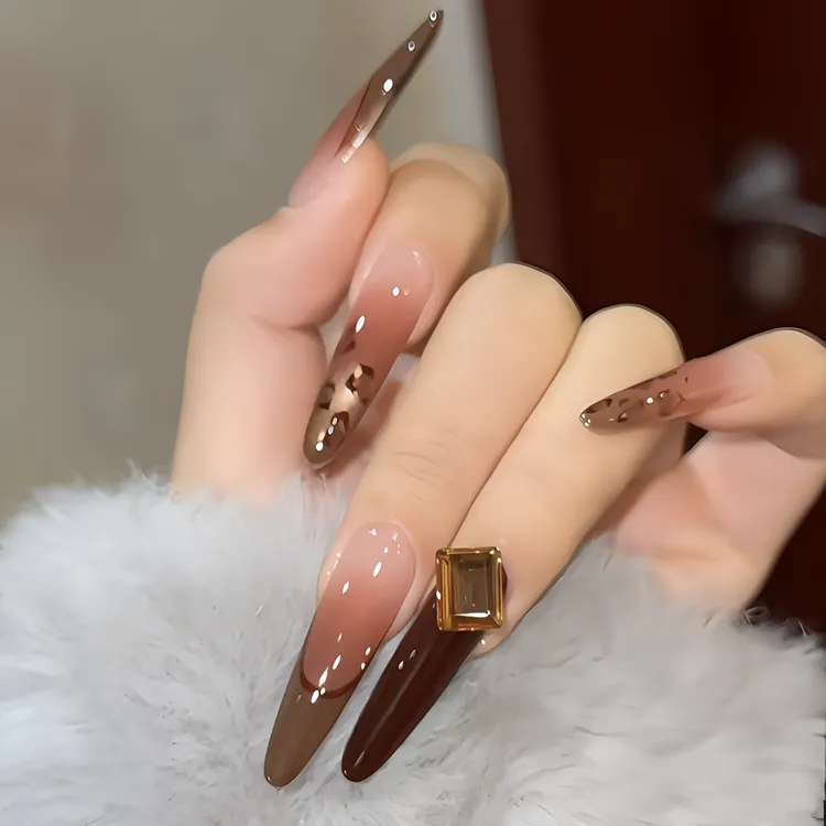 【女王】秋冬爆款推荐美拉德黑棕跳色猫眼法式豹纹高级感手工穿戴甲