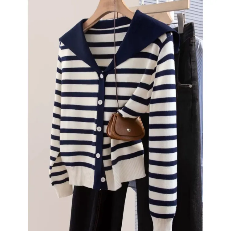 海军领条纹撞色减龄针织衫毛衣女宽松显瘦洋气学院风内搭上衣