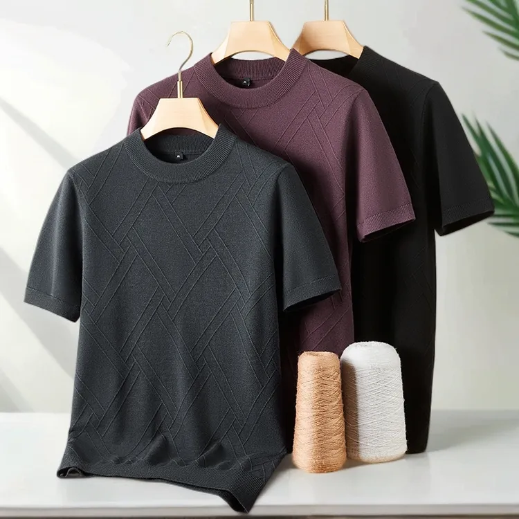 男士大码修身纯色秋冬时尚百搭潮流圆领休闲短袖针织衫大码男装FP