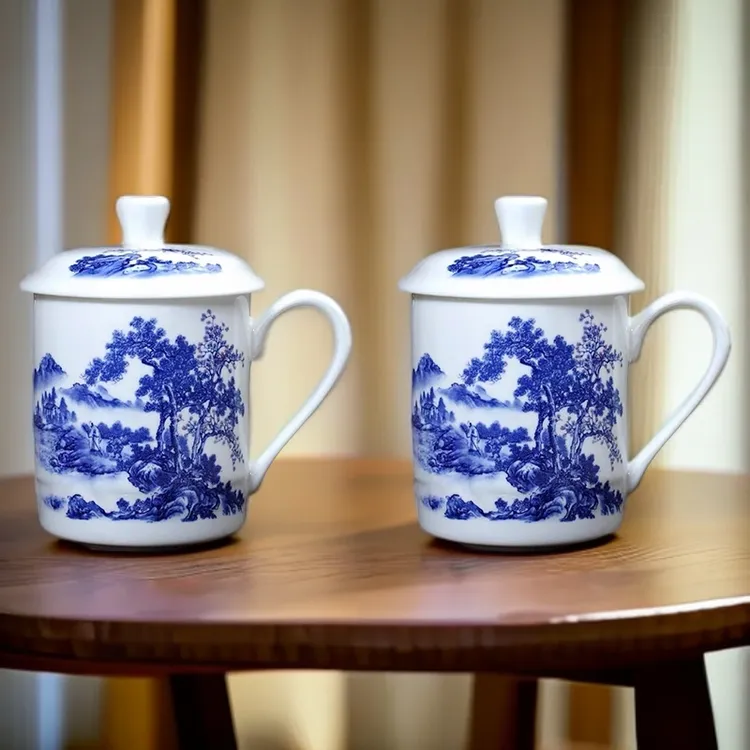 骨瓷茶杯2个装 景德镇陶瓷茶杯家用水杯办公室会议杯青花带盖茶杯