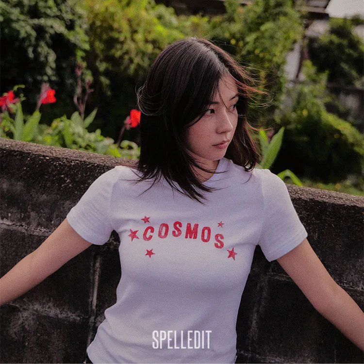 SPELLEDIT2025冬季新品宇宙修身T恤字母印花韩系打底衫内搭上衣女