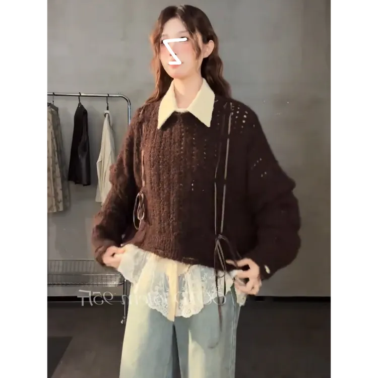 法式设计翻领拼接不规则蕾丝长袖衬衫女秋季显瘦洋气别致叠穿上衣