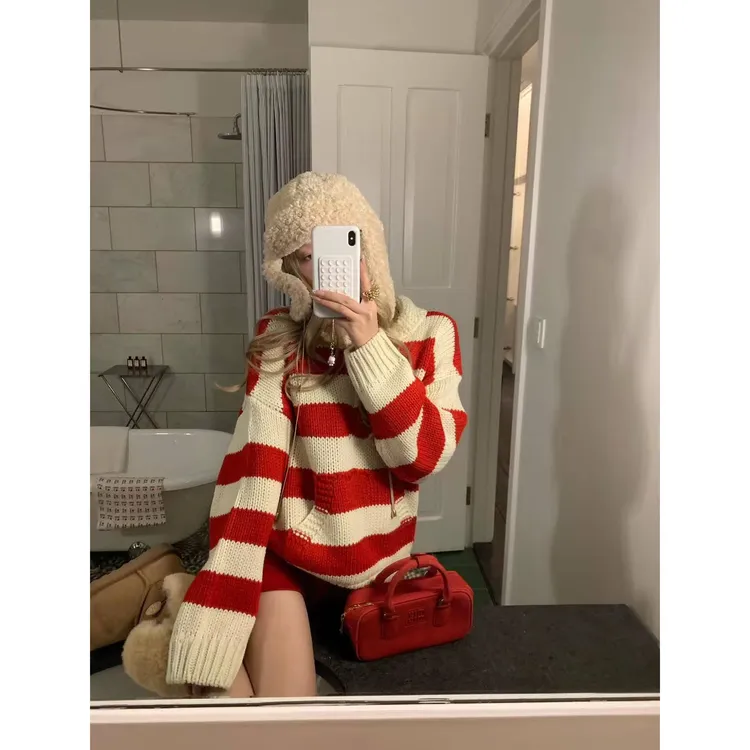 复古宽松撞色条纹毛衣女秋冬慵懒高级感C 9967#