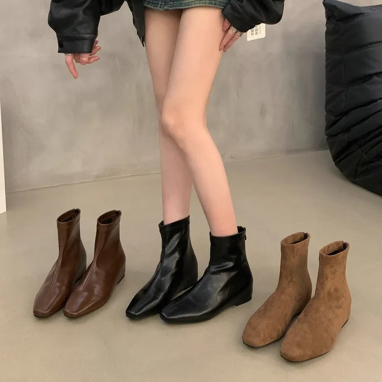 内增高瘦瘦靴女2025秋冬季新款韩版简约短筒靴后拉链方头时装靴女