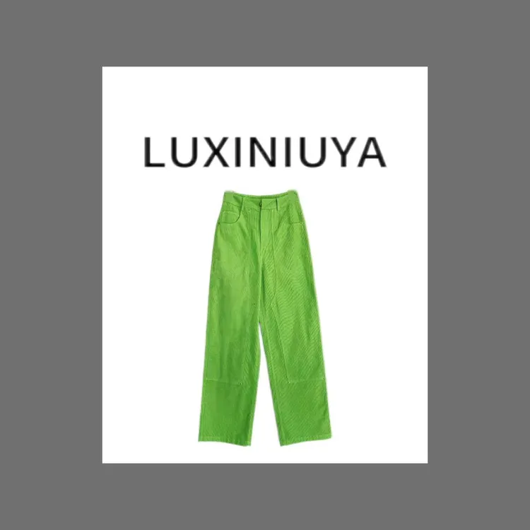 【LUXINIUYA】细纹灯芯绒提臀拼缝扣攀显瘦有型直通裤#K0722