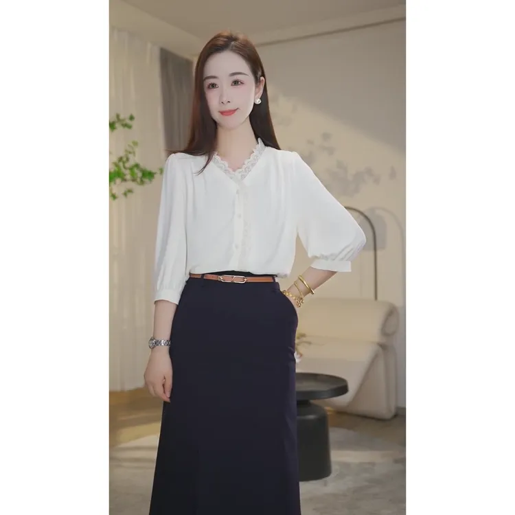 【杨杨专属】夏款透气花边衬衫女气质法式衬衣流光风8592386多色