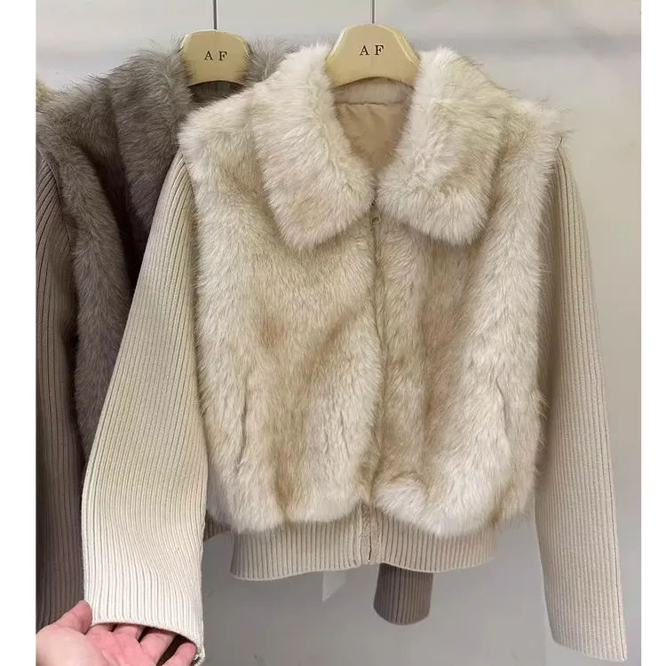 2025秋季新款法式气质小个子毛毛翻领外套女百搭拼接短款针织上衣