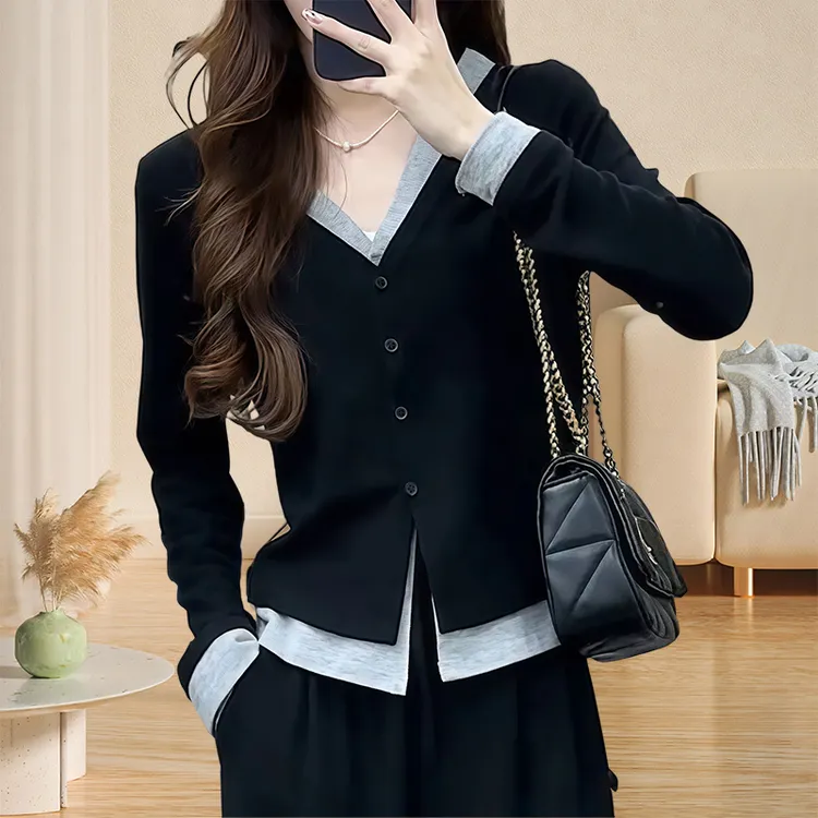 显瘦气质时尚小众设计感洋气黑色撞色假两件拼接长袖针织上衣春秋
