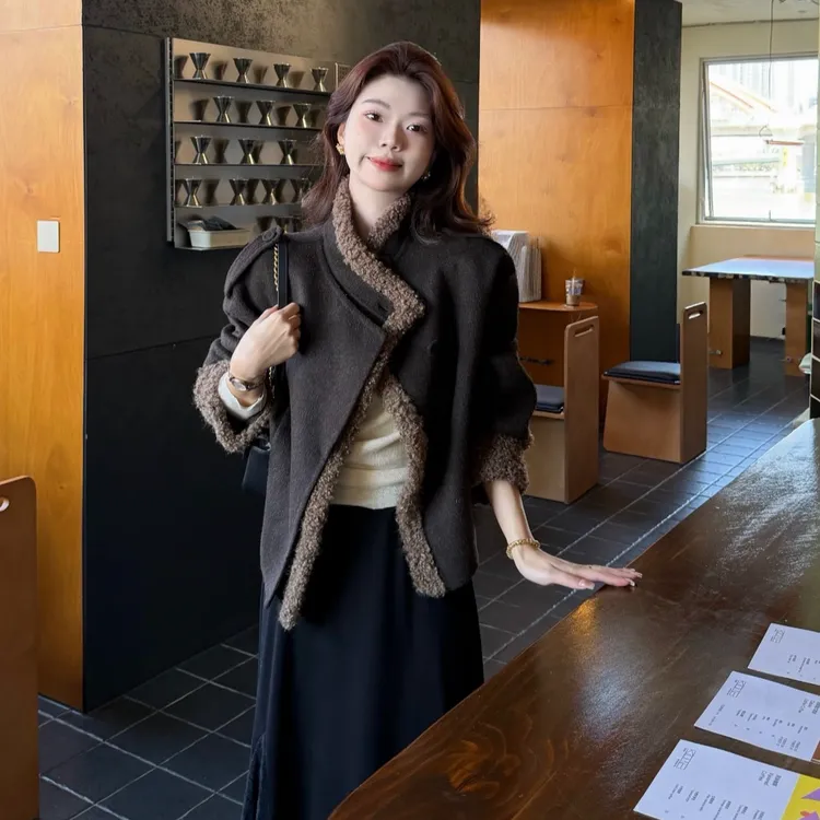 【冬日摩卡】秋冬复古立领双面羊毛大衣女拼接羊羔毛加厚咖色外套