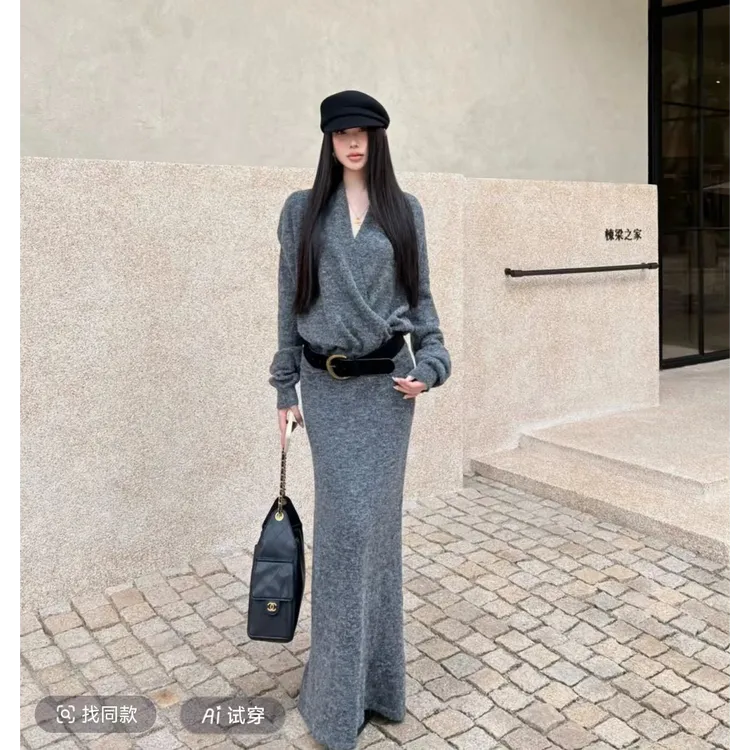 秋冬韩系气质女神交叉V领毛衣上衣半身长裙配腰带