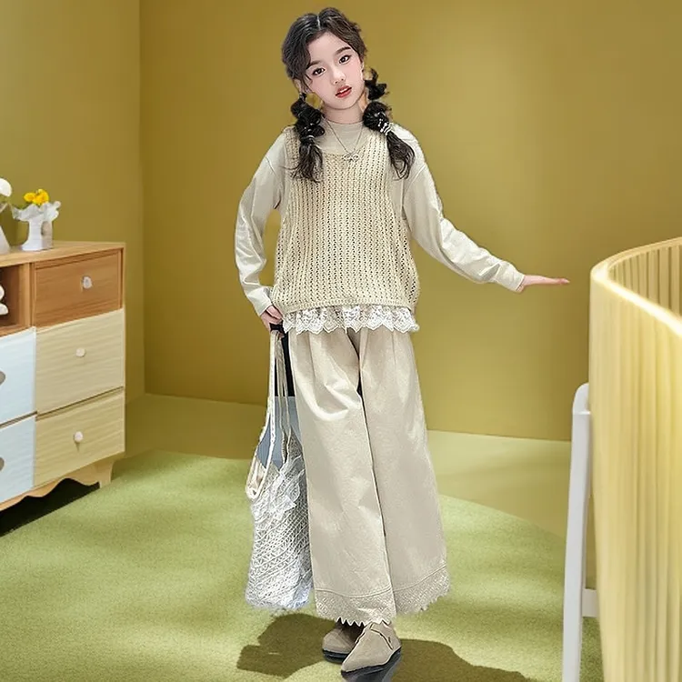 女春春秋套装背心时尚上衣毛衣韩版休闲时髦秋季洋气中大童6-15岁