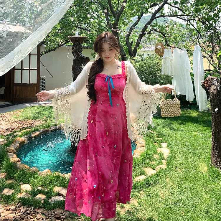 安妮不火【莫奈玫瑰阶】夏季新款扎染绣花少女雪纺连衣裙A252Q0383