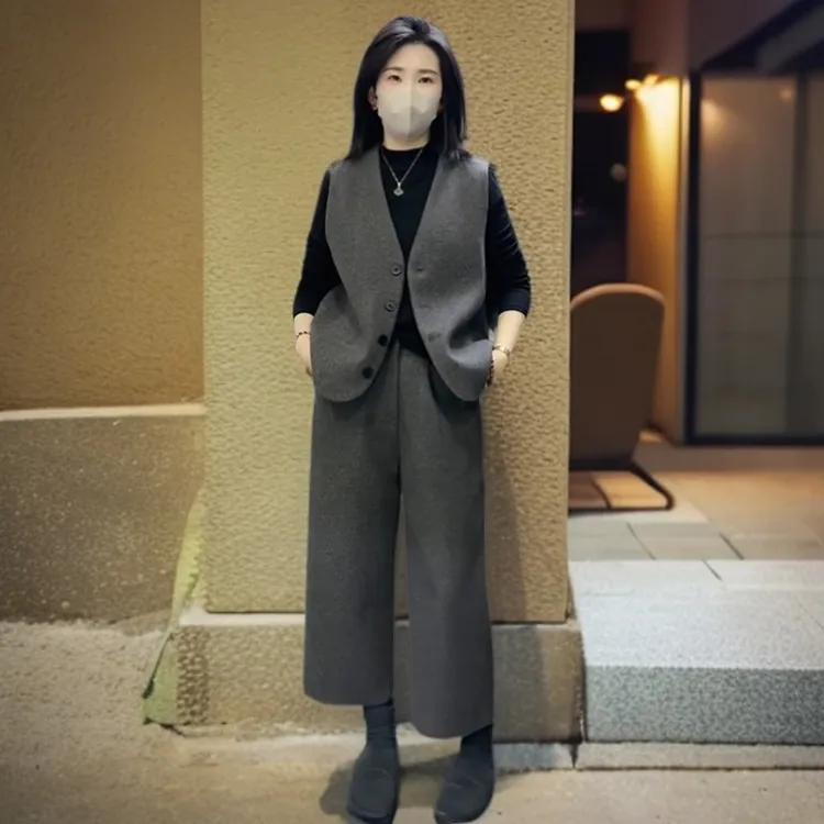 欧洲站春季新款韩系百搭V领马甲服装时尚高腰衣服休闲裤两件套潮