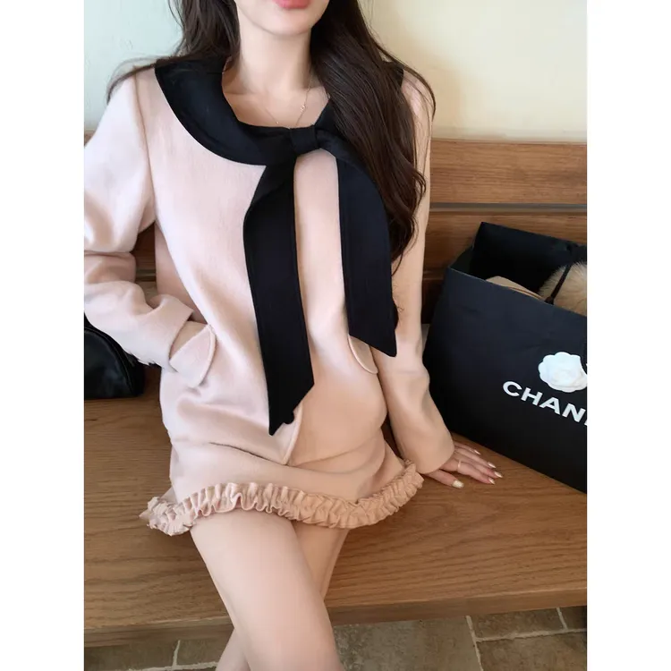 海德堡情书拼色毛呢大衣外套木耳边A字半身裙秋冬韩系千金风套装