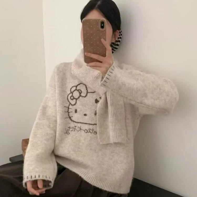 韩系卡通可爱套头上衣针织衫女秋冬新款慵懒风保暖内搭毛衣配围巾