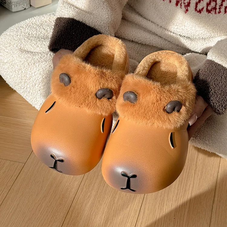 卡通卡皮巴拉琥珀流光外穿棉拖鞋水豚毛绒防水居家女2025冬季新款