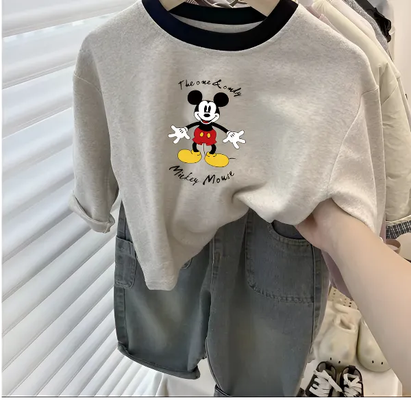 儿童纯棉拼色洋气女童圆领长袖t恤上衣韩版春秋男童印花小童打底