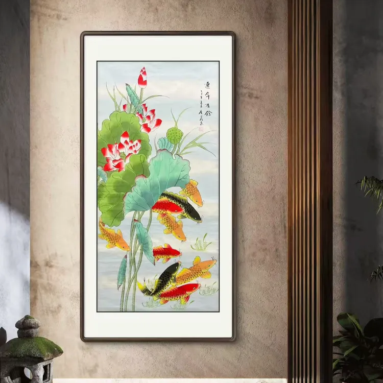 《连年有余》九鱼图工笔荷花鱼玄关客厅宣纸国画挂画作品文玩探宝
