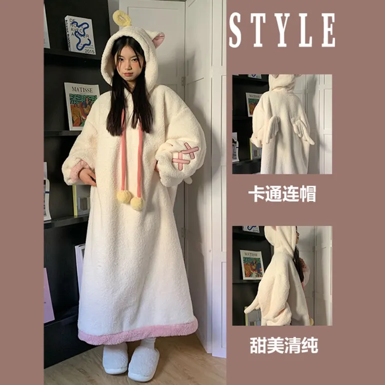 睡袍女可爱天使连帽珊瑚绒睡衣女冬季加绒加厚家居服睡裙家居套装